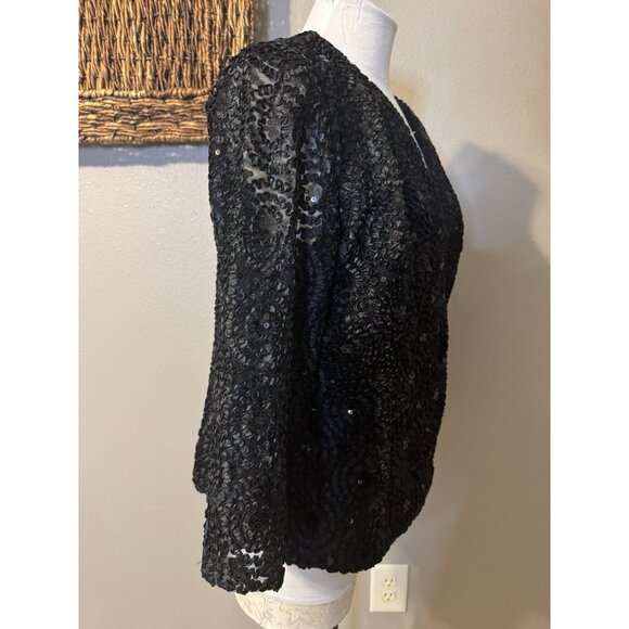 Helene Blake Sequin Faux Wrap Evening Blouse Women 14 Lace Sleeve V Neck Black - Picture 5 of 8